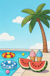 手绘卡通夏天泳池西瓜冰淇淋清凉插画