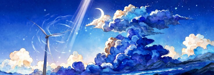 月夜风电场景观插画