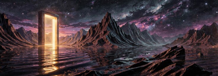星际山峦间的发光传送门