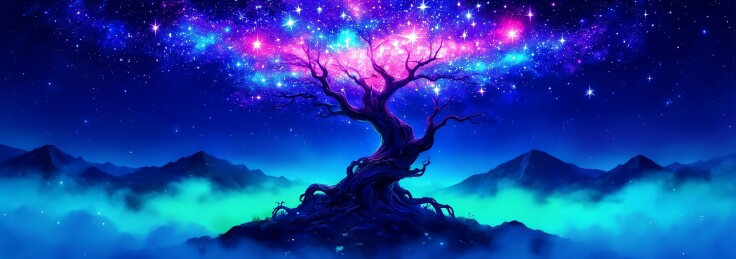星空奇幻古树云海夜景