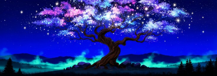 奇幻星空下的发光神树