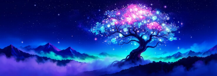 奇幻荧光树 山间夜景