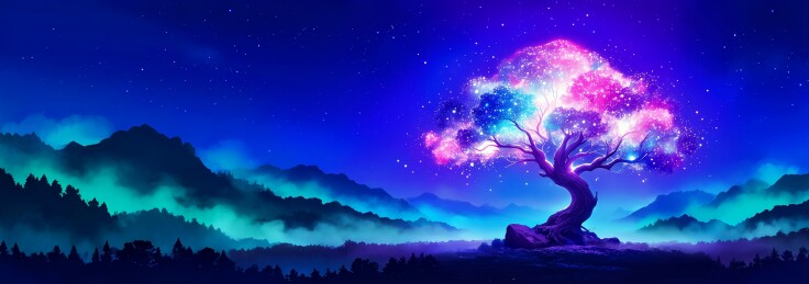 星空下的奇幻发光神树