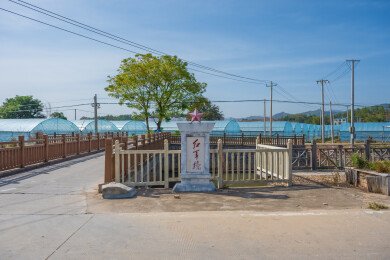 红军桥纪念碑与温室大棚田园风光