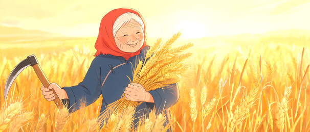 秋日麦田老人手工收割插画