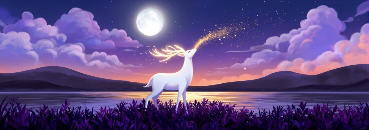 月夜湖畔灵鹿吐星芒