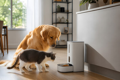 金毛寻回犬与猫咪共享自动喂食器的温馨时刻