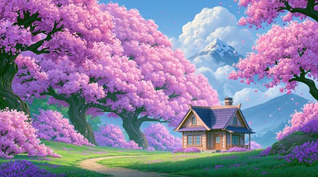 樱花盛开的山间小屋