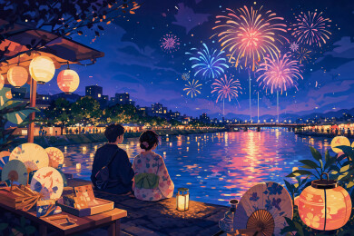 河畔花火浴衣情侣