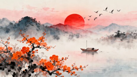 日落江畔渔船与红花枝头的水墨画