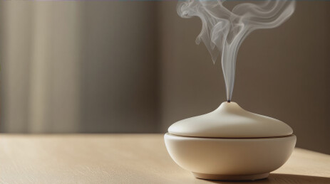 简约陶瓷香炉在木质桌面上散发缕缕白烟