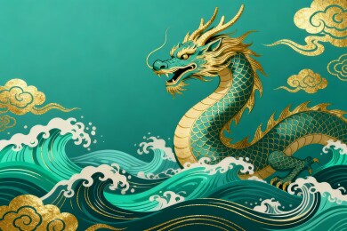 国潮青龙海浪祥云插画