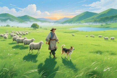田园牧羊风景插画