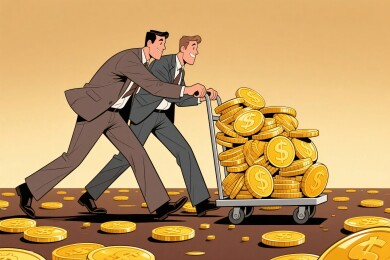 两人推车运金币卡通图