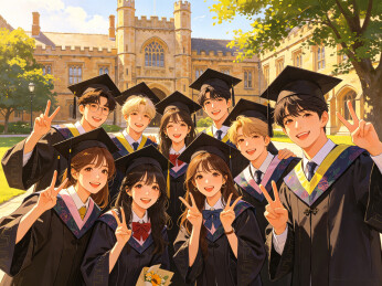 大学毕业生城堡前合影毕业纪念插画