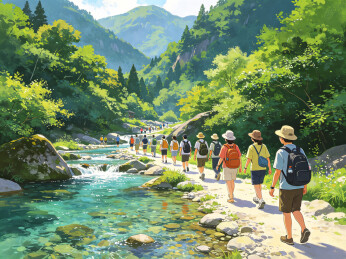 一群人山间溪流徒步旅行插画