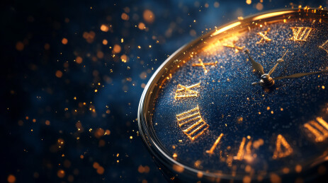 金色粒子环绕的蓝色星空钟表特写