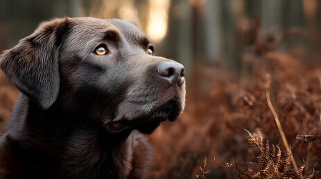 黑拉布拉多犬森林中侧脸凝视