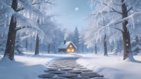雪夜石板路与小木屋