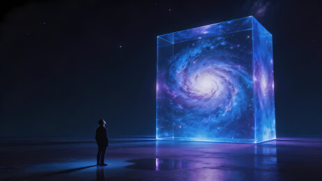 渺小人类凝视宇宙立方体