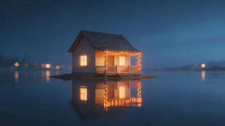 夜色中漂浮的暖光小木屋