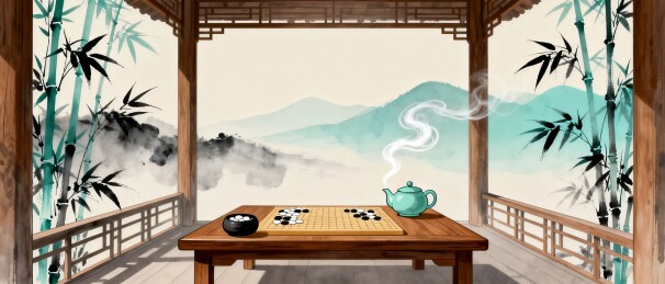 亭台水墨国风休闲插画