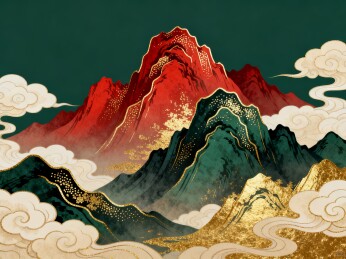 山峦国潮风祥云中式装饰插画