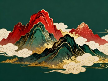 山峦国潮风祥云中式装饰插画