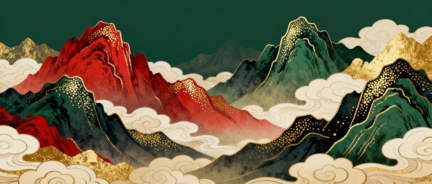 山峦国潮风祥云中式装饰插画