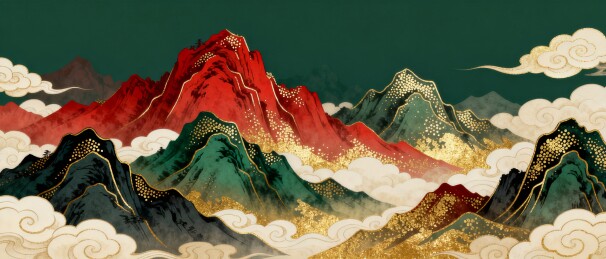 山峦国潮风祥云中式装饰插画