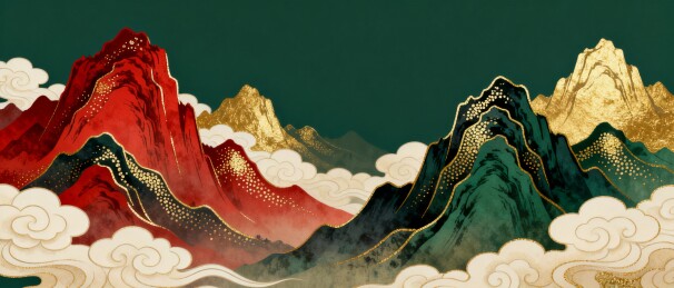 山峦国潮风祥云中式装饰插画