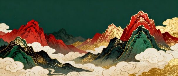 山峦国潮风祥云中式装饰插画