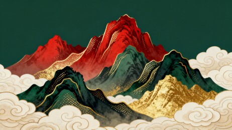 山峦国潮风祥云中式装饰插画
