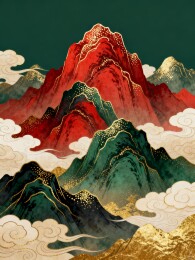 山峦国潮风祥云中式装饰插画