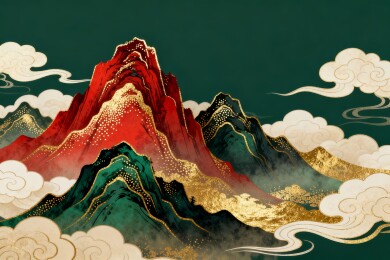 山峦国潮风祥云中式装饰插画