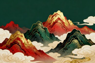 山峦国潮风祥云中式装饰插画