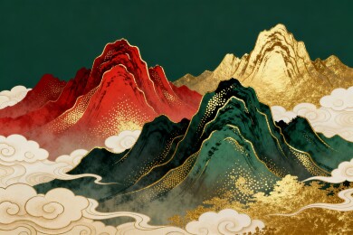 山峦国潮风祥云中式装饰插画