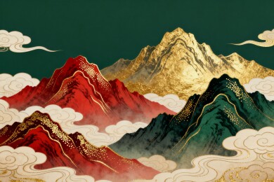 山峦国潮风祥云中式装饰插画
