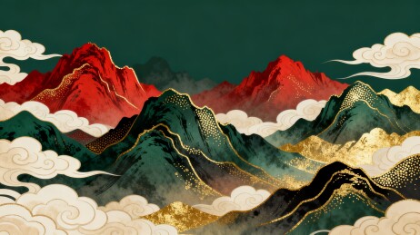 山峦国潮风祥云中式装饰插画