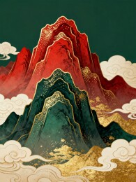 山峦国潮风祥云中式装饰插画