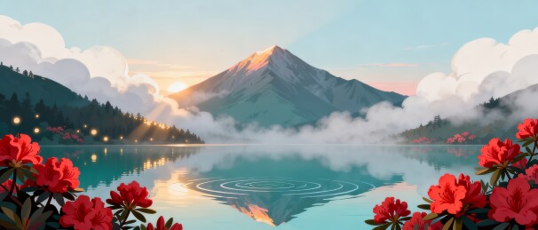 雪山湖泊杜鹃日出自然风光插画