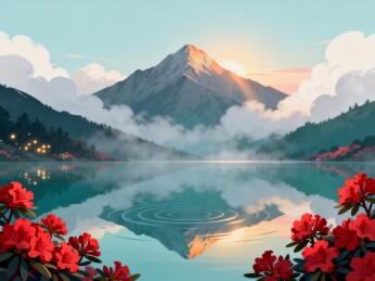 雪山湖泊杜鹃日出自然风光插画