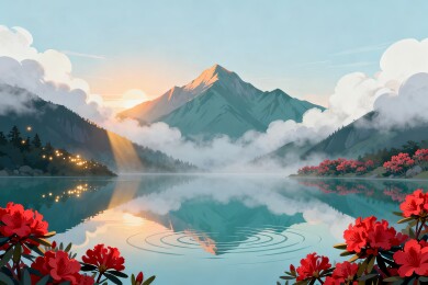 雪山湖泊杜鹃日出自然风光插画