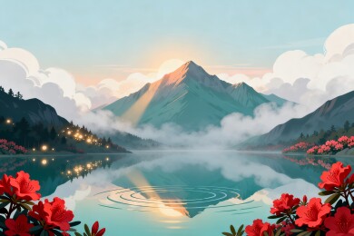雪山湖泊杜鹃日出自然风光插画