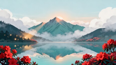 雪山湖泊杜鹃日出自然风光插画