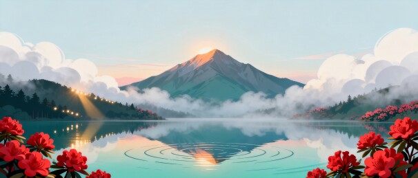 雪山湖泊杜鹃日出自然风光插画