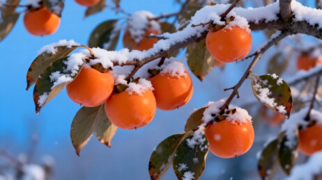 雪挂柿子枝头红艳
