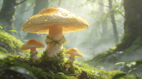 雨后森林中金黄蘑菇群落