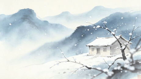 雪夜山居水墨画