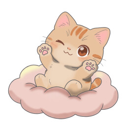 手绘小猫咪坐着云朵眨眼